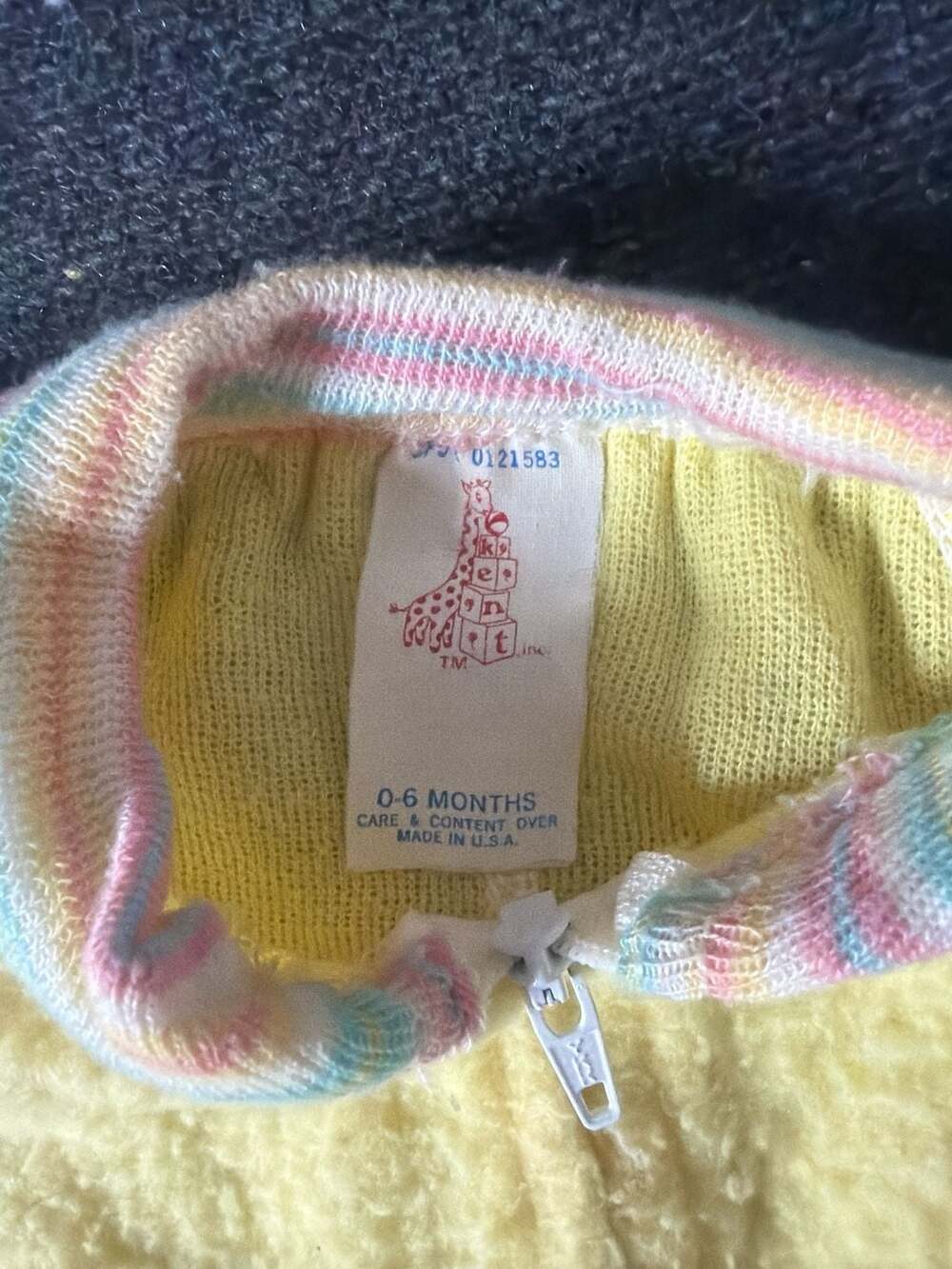 Vintage Kent Baby Yellow Fleece Footed Sleeper Pajamas Pastel Rainbow Trim 0-6 M